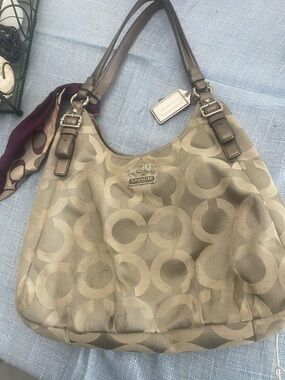 Coach Taupe Signature Hobo Shoulder Bag with Leather Trim
